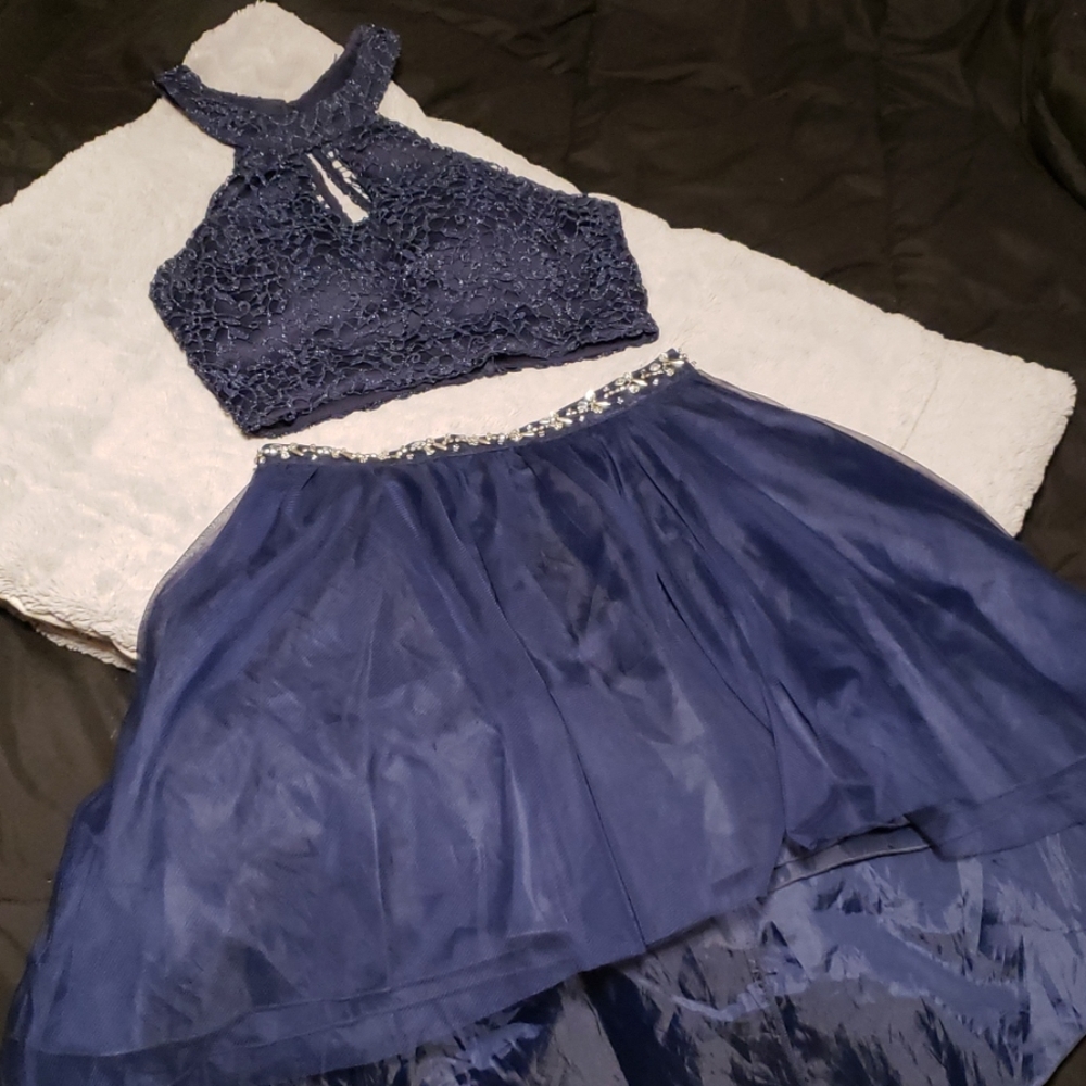 2 piece navy sparkle lace homecoming prom dress